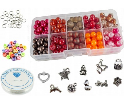 KORALIKI SZKLANE 8mm ORGANIZER 220szt ZESTAW CZERWONO-POMARAŃCZOWO-BRĄZOWY