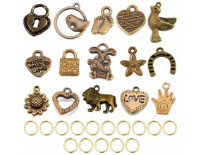 MIX ZAWIESZKI CHARMS + OGNIWKA 30 EL. BRĄZ ANTYCZ.