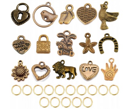 MIX ZAWIESZKI CHARMS + OGNIWKA 30 EL. BRĄZ ANTYCZ.
