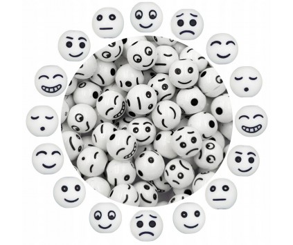 Koraliki EMOTKI buźki SMILE kule 8mm 20szt Białe